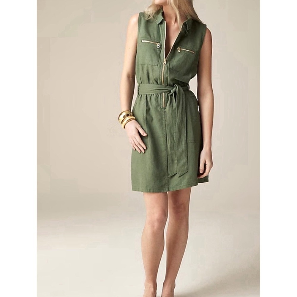 NEW! J. Crew Front Zip Linen Blend Dress with Waist Belt Sleeveless Green SZ 6